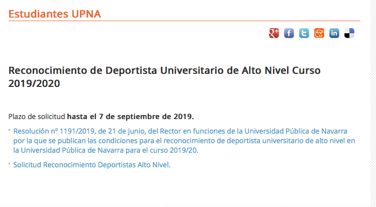 Convocatoria de DEPORTISTAS ALTO NIVEL UPNA 2019/20