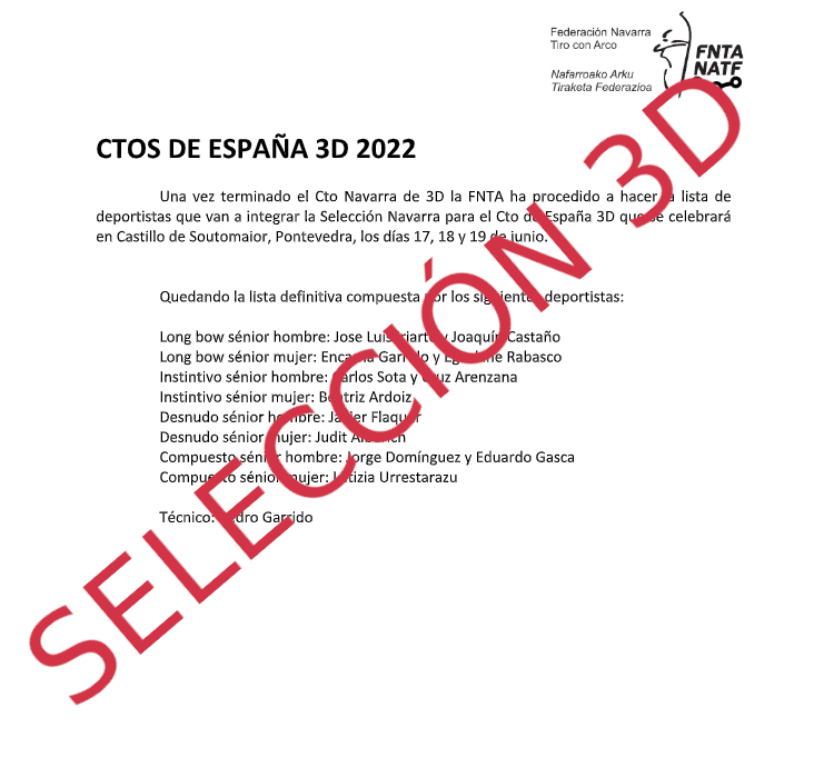 LISTADO DE DEPORTISTAS SELECCIONADOS PARA CTO DE ESPA&Ntilde;A 3D