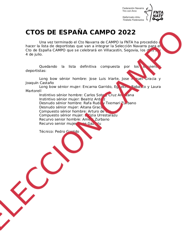 DEPORTISTAS SELECCIONADOS PARA CTO DE ESPA&Ntilde;A DE CAMPO