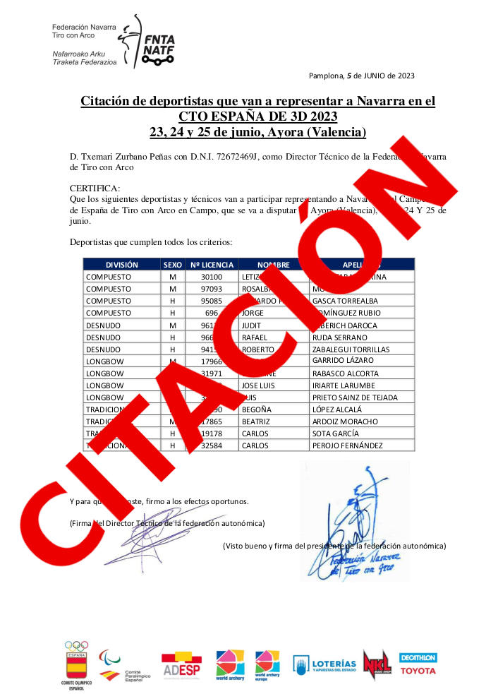 LISTADO DE DEPORTISTAS SELECCIONADOS PARA CTO DE ESPA&Ntilde;A 3D
