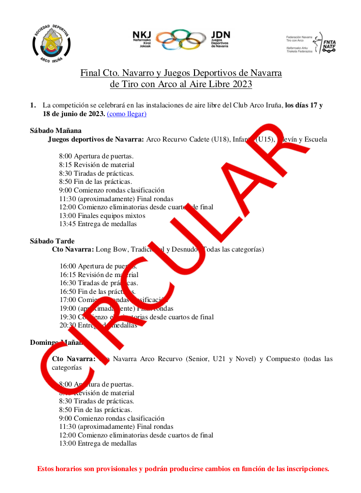 CIRCULAR 4&ordf; Tirada y FINAL JDN y Cto Navarro Aire Libre 2023