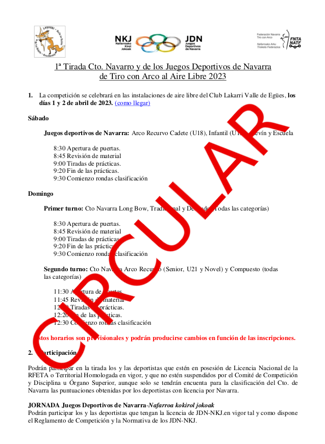 CIRCULAR 1&ordf; Tirada JDN y Cto Navarro Aire Libre 2023