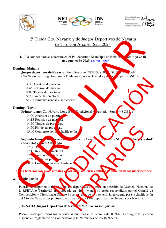 (CAMBIO HORARIOS) CIRCULAR 2&ordf; Tirada Cto Navarro  y JDN en SALA 2023