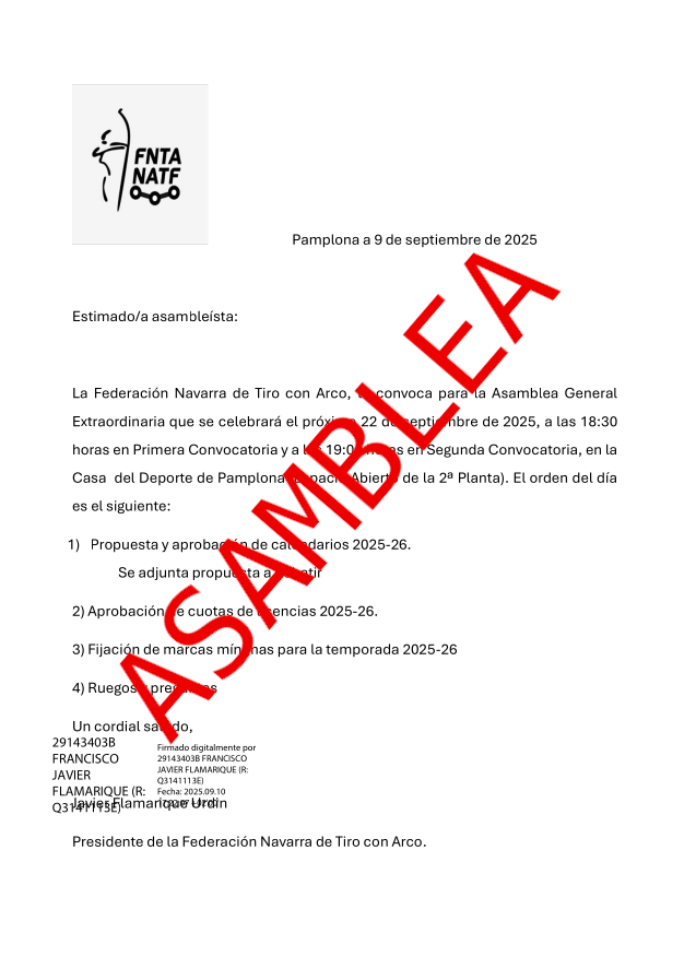 Asamblea General Extraordinaria del próximo día 22 de septiembre.