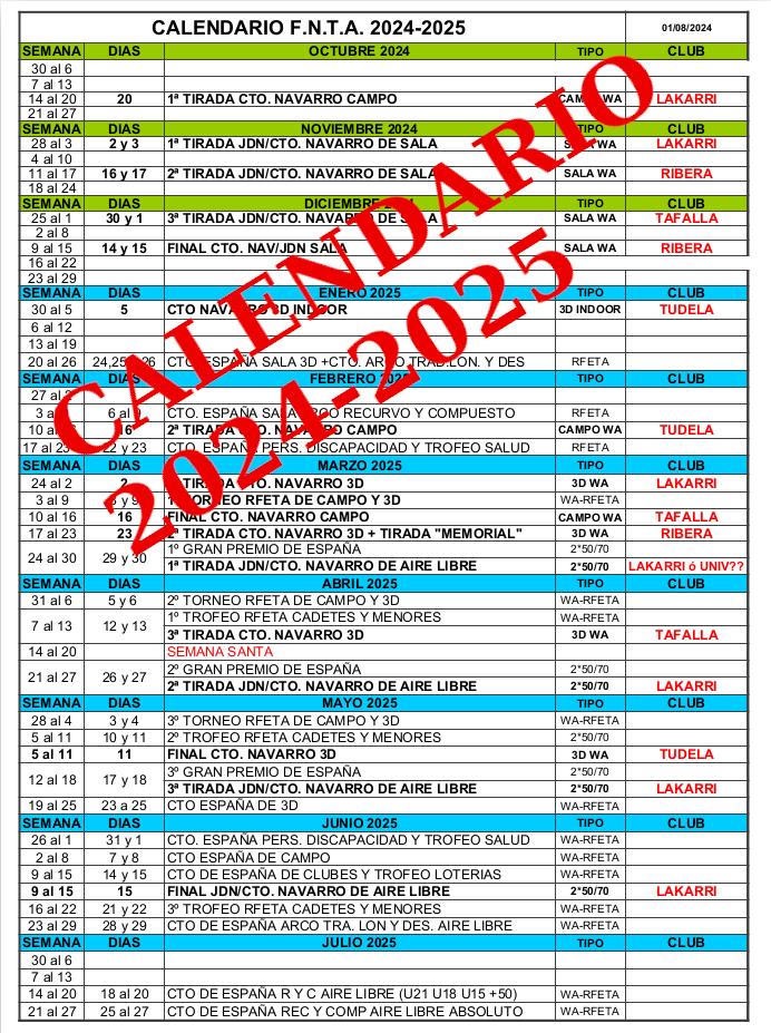CALENDARIO COMPETICIONES 2024-2025