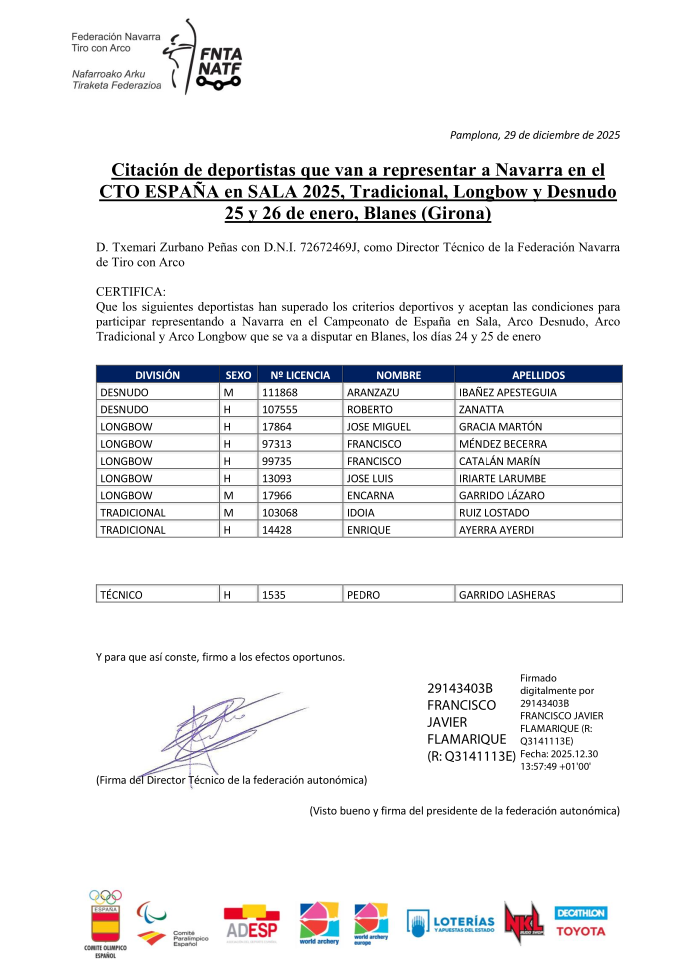 CITACION DEPORTISTAS CAMPEONATO DE ESPA&Ntilde;A EN SALA 2026