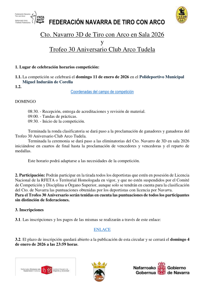 CIRCULAR CTO. NAVARRA 3D EN SALA 2026 Y TROFEO 30 ANIVERSARIO ARCO TUDELA