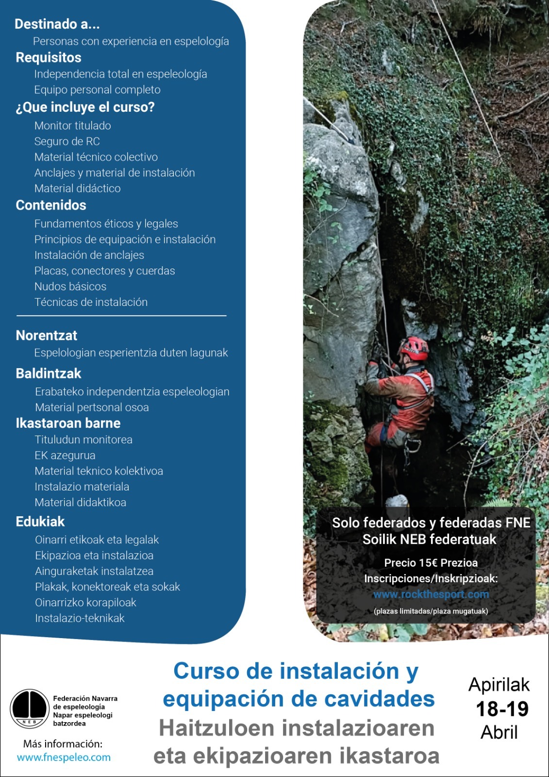 Inscripci&oacute;n Curso de instalaci&oacute;n y equipaci&oacute;n de cavidades