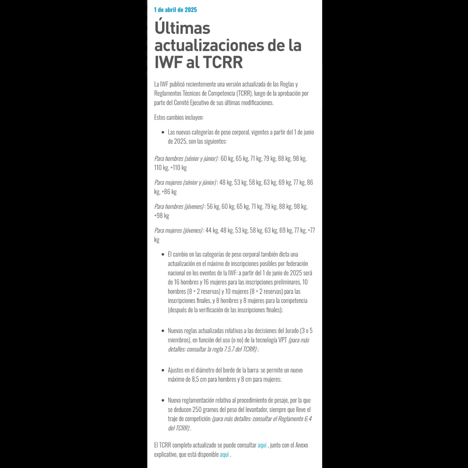 Últimas actualizaciones de la IWF al TCRR