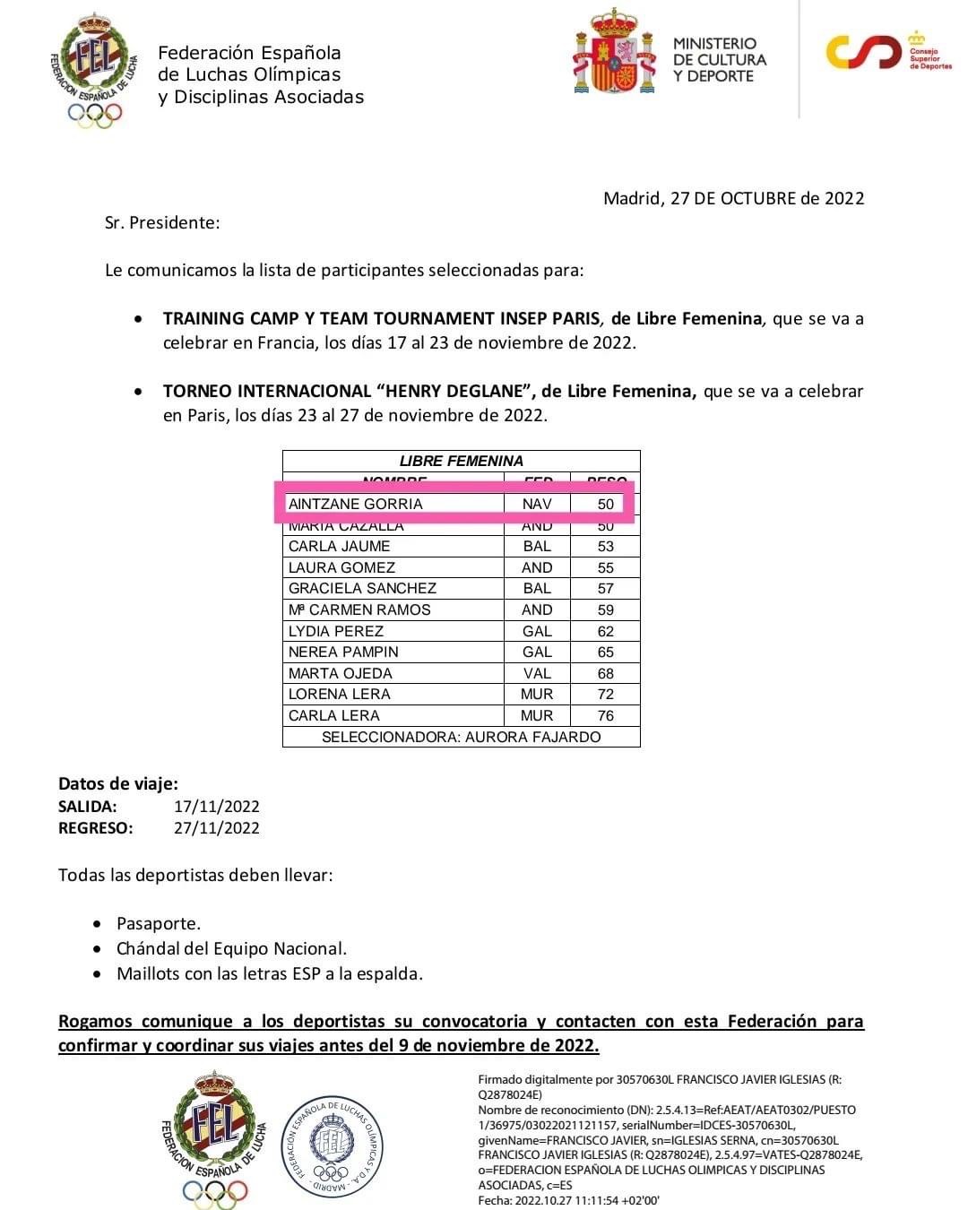 Convocatoria Nacional para Aintzane Gorria