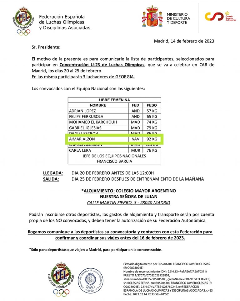 Convocatoria nacional U23. Aimar Alz&oacute;n
