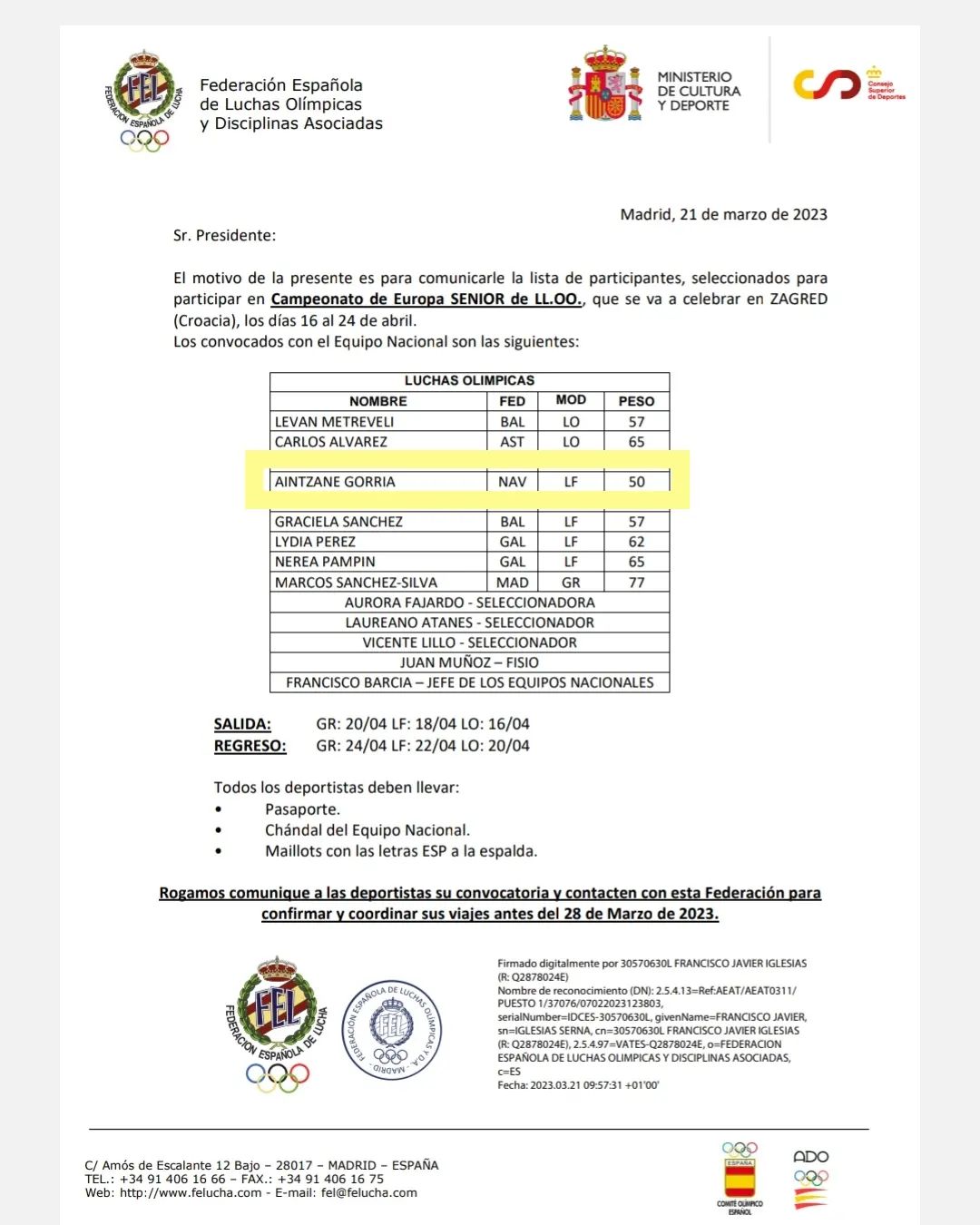 Convocatoria nacional senior de Aintzane Gorria. Cto de Europa Luchas Ol&iacute;mpicas 2023