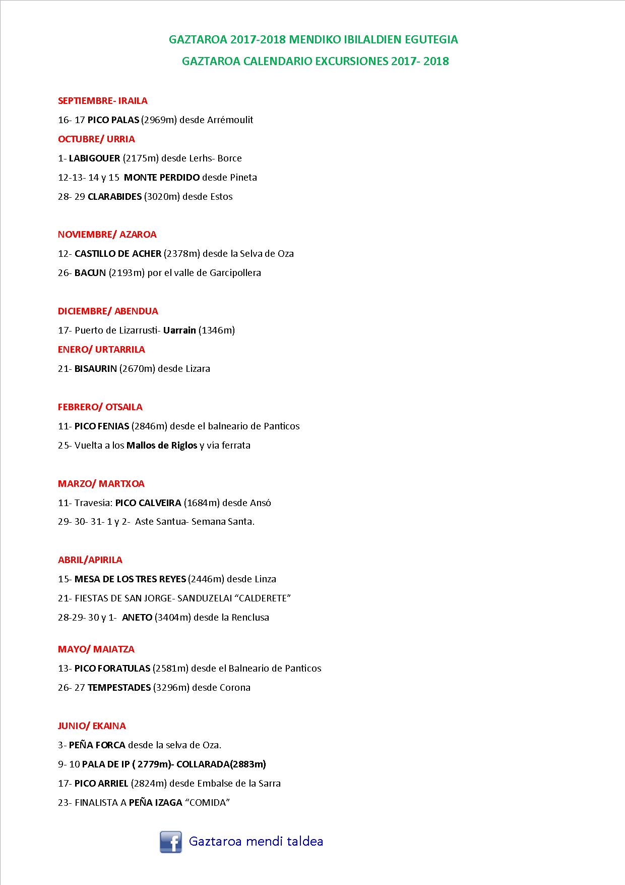 CALENDARIO DE SALIDAS DE GAZTAROA