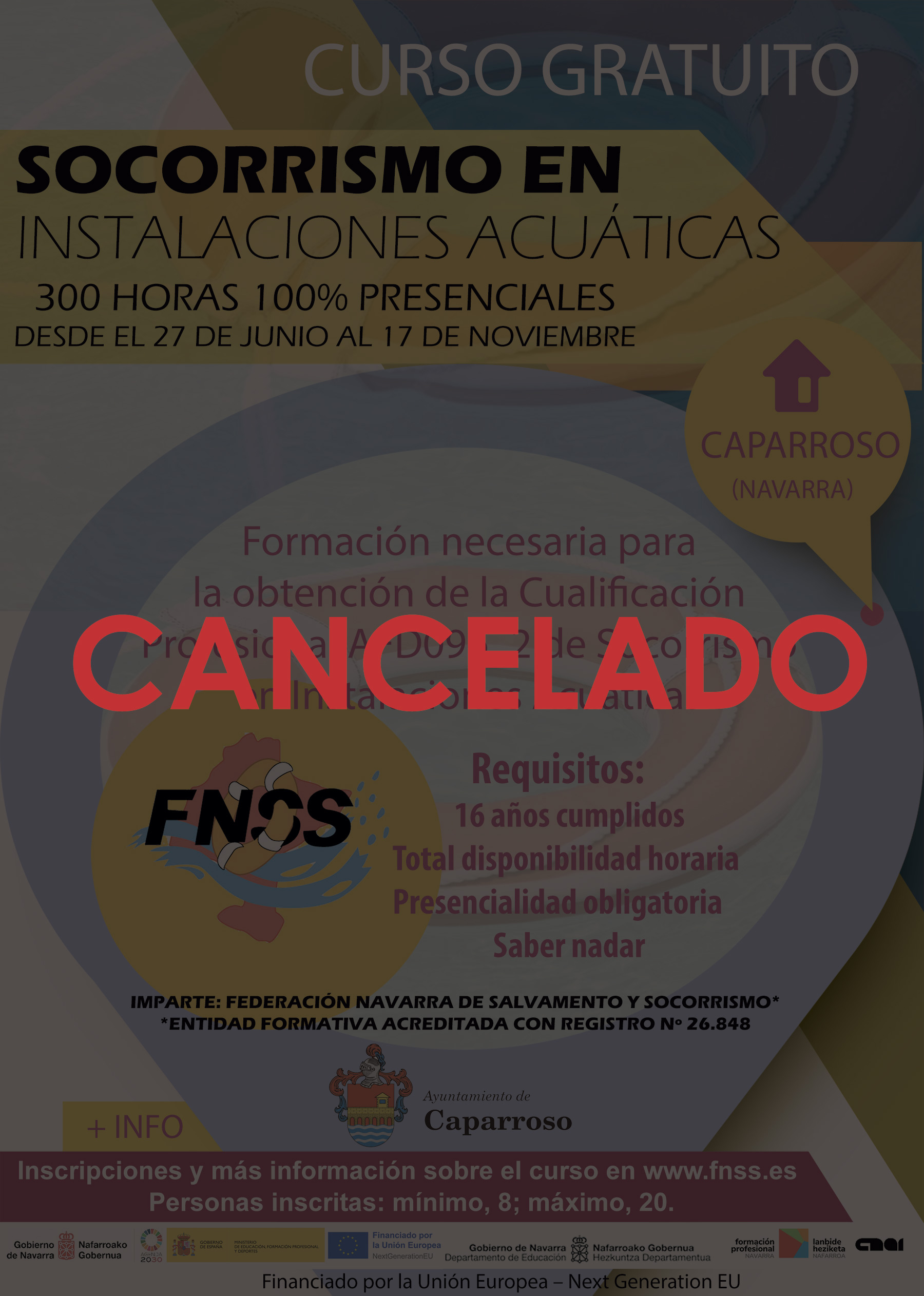CAPARROSO. CANCELADO Curso gratuito de Socorrismo en Instalaciones Acu&aacute;ticas