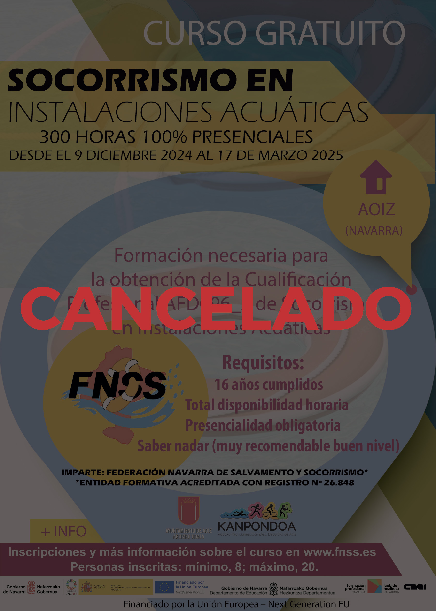 CANCELADO Curso gratuito de Socorrismo en Instalaciones Acu&aacute;ticas en la localidad navarra de Aoiz